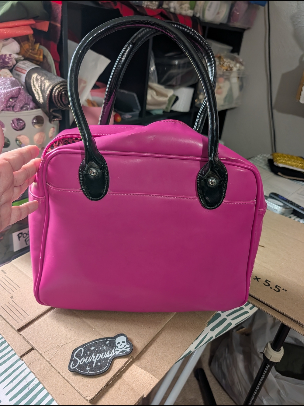 Sourpuss Pinstriped Pink Spiderweb Bowler Handbag - Picture 3 of 9
